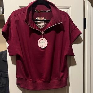 Umgee Wine Short Sleeve Quarter-Zip Pullover